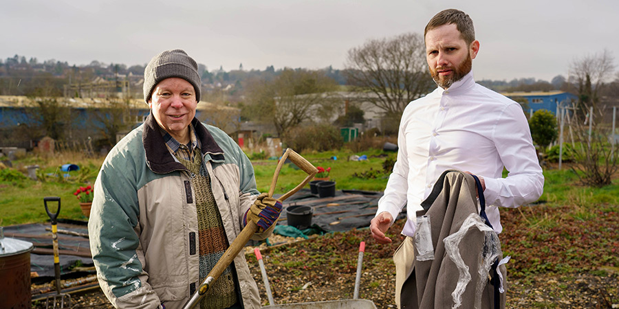 Ladhood. Image shows left to right: The Gardener (Steve Pemberton), Liam (Liam Williams)