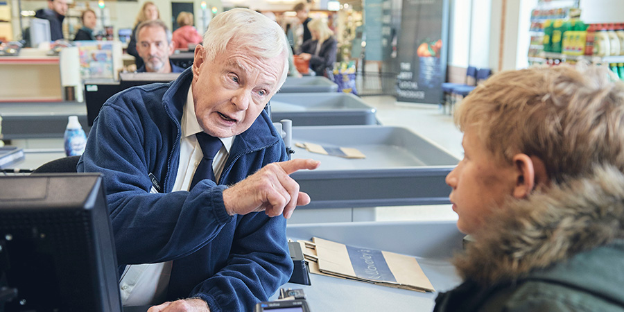 Last Tango In Halifax. Image shows from L to R: Alan (Derek Jacobi), Harrison (Liam McCheyne)