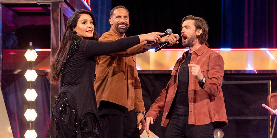 The Lateish Show With Mo Gilligan. Image shows left to right: Jessie Ware, Rio Ferdinand, Jack Whitehall