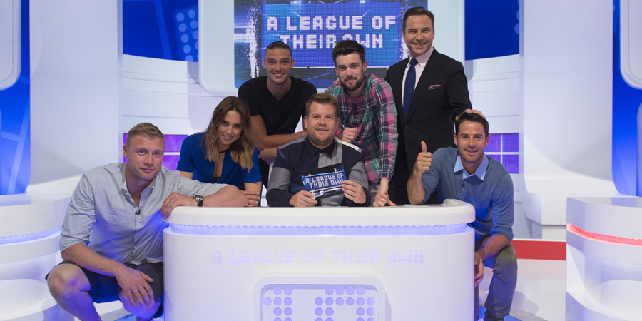 A League Of Their Own. Image shows from L to R: Andrew Flintoff, Melanie Chisholm, Andy Carroll, James Corden, Jack Whitehall, David Walliams, Jamie Redknapp. Copyright: CPL Productions