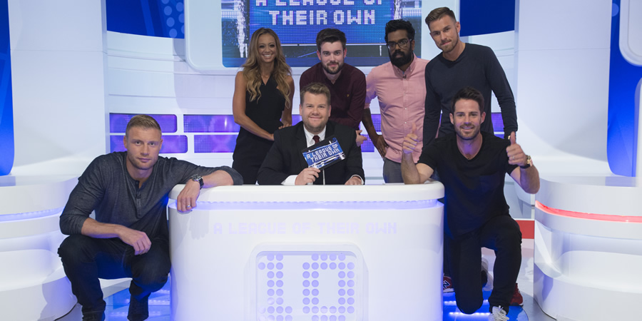 A League Of Their Own. Image shows from L to R: Andrew Flintoff, Kate Abdo, James Corden, Jack Whitehall, Romesh Ranganathan, Aaron Ramsey, Jamie Redknapp. Copyright: CPL Productions