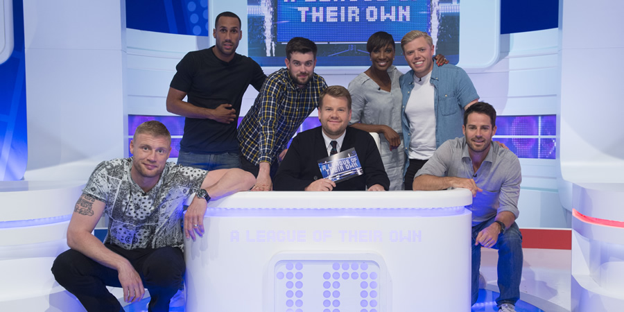 A League Of Their Own. Image shows from L to R: Andrew Flintoff, James DeGale, Jack Whitehall, James Corden, Denise Lewis, Rob Beckett, Jamie Redknapp. Copyright: CPL Productions