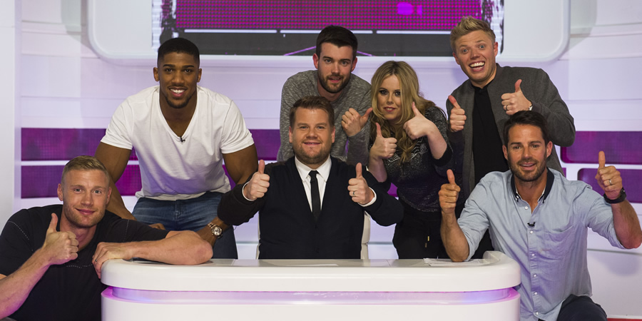 A League Of Their Own. Image shows from L to R: Andrew Flintoff, Anthony Joshua, James Corden, Jack Whitehall, Roisin Conaty, Rob Beckett, Jamie Redknapp. Copyright: CPL Productions