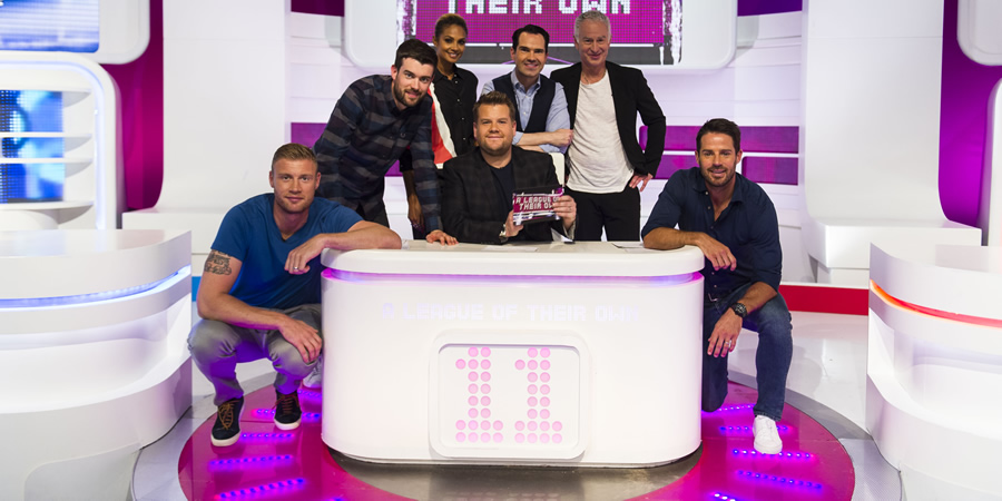 A League Of Their Own. Image shows from L to R: Andrew Flintoff, Jack Whitehall, Alesha Dixon, James Corden, Jimmy Carr, John McEnroe, Jamie Redknapp. Copyright: CPL Productions