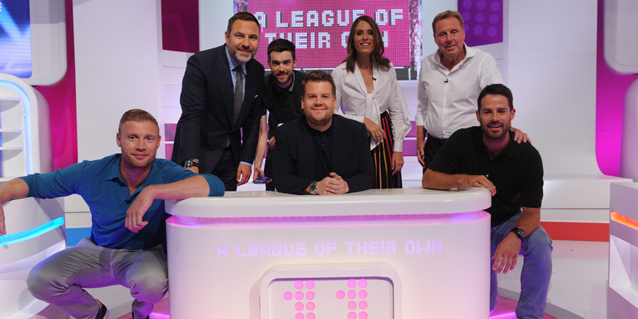 A League Of Their Own. Image shows from L to R: Andrew Flintoff, David Walliams, Jack Whitehall, James Corden, Johanna Konta, Harry Redknapp, Jamie Redknapp. Copyright: CPL Productions