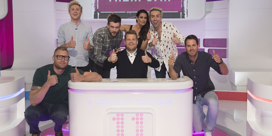 A League Of Their Own. Image shows from L to R: Andrew Flintoff, Niall Horan, Jack Whitehall, James Corden, Kirsty Gallacher, Nick Grimshaw, Jamie Redknapp. Copyright: CPL Productions