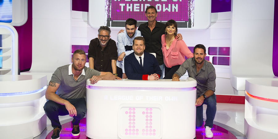 A League Of Their Own. Image shows from L to R: Andrew Flintoff, David Baddiel, Jack Whitehall, James Corden, Tony Adams, Aisling Bea, Jamie Redknapp. Copyright: CPL Productions