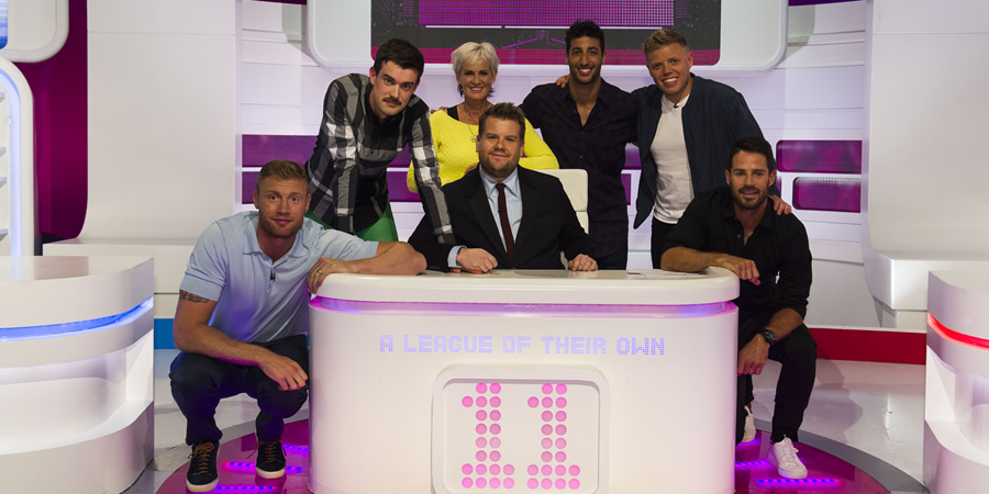 A League Of Their Own. Image shows from L to R: Andrew Flintoff, Jack Whitehall, Judy Murray, James Corden, Daniel Ricciardo, Rob Beckett, Jamie Redknapp. Copyright: CPL Productions