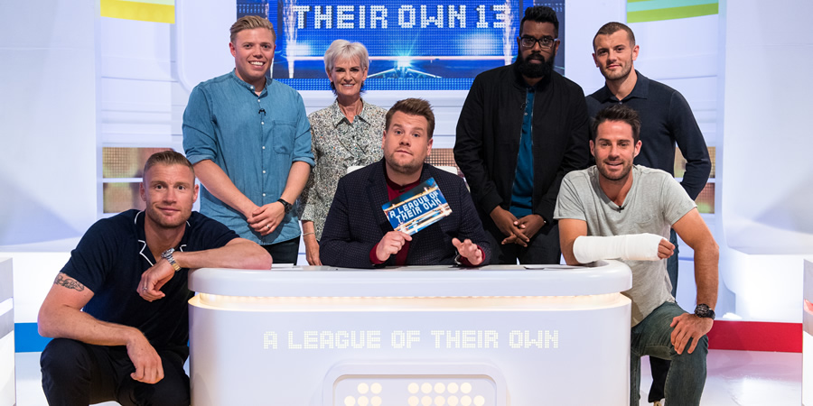 A League Of Their Own. Image shows from L to R: Andrew Flintoff, Rob Beckett, Judy Murray, James Corden, Romesh Ranganathan, Jamie Redknapp, Jack Wilshere. Copyright: CPL Productions