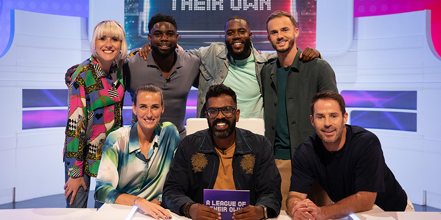 A League Of Their Own. Image shows left to right: Maisie Adam, Jill Scott, Micah Richards, Romesh Ranganathan, Mo Gilligan, James Maddison, Jamie Redknapp