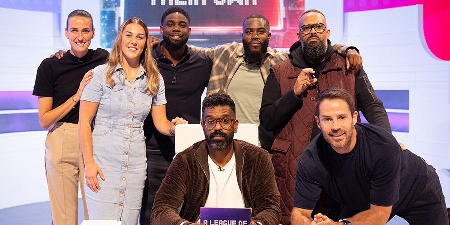 A League Of Their Own. Image shows left to right: Jill Scott, Mary Earps, Micah Richards, Romesh Ranganathan, Mo Gilligan, Guz Khan, Jamie Redknapp