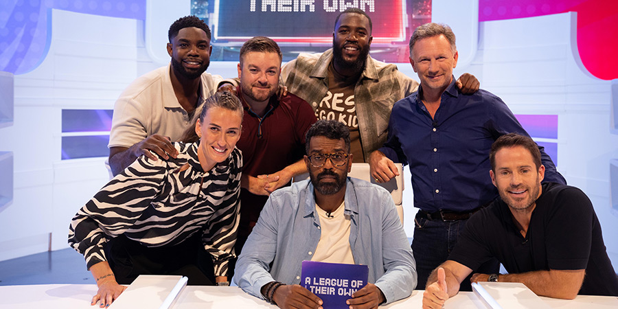 A League Of Their Own. Image shows left to right: Micah Richards, Jill Scott, Alex Brooker, Romesh Ranganathan, Mo Gilligan, Christian Horner, Jamie Redknapp