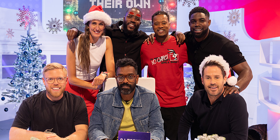 A League Of Their Own. Image shows left to right: Rob Beckett, Jill Scott, Mo Gilligan, Romesh Ranganathan, Patrice Evra, Micah Richards, Jamie Redknapp