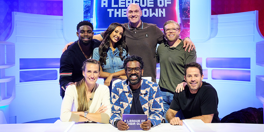 A League Of Their Own. Image shows left to right: Micah Richards, Jill Scott, Maya Jama, Tyson Fury, Romesh Ranganathan, Rob Beckett, Jamie Redknapp