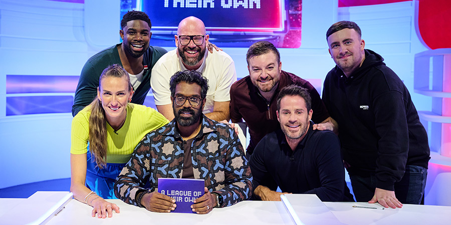 A League Of Their Own. Image shows left to right: Jill Scott, Micah Richards, Romesh Ranganathan, Tom Davis, Alex Brooker, Jamie Redknapp, Luke Littler