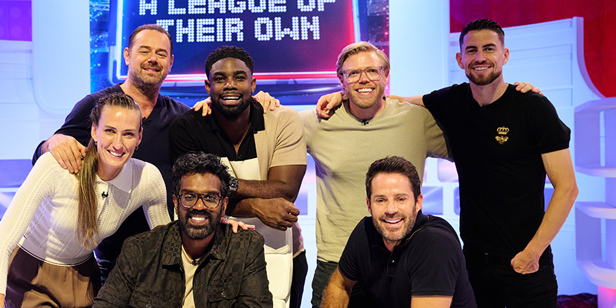 A League Of Their Own. Image shows left to right: Jill Scott, Danny Dyer, Romesh Ranganathan, Micah Richards, Rob Beckett, Jamie Redknapp, Jorge Filho