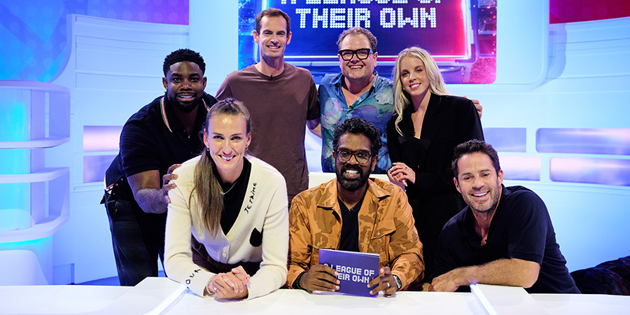 A League Of Their Own. Image shows left to right: Micah Richards, Jill Scott, Andy Murray, Alan Carr, Romesh Ranganathan, Keely Hodgkinson, Jamie Redknapp