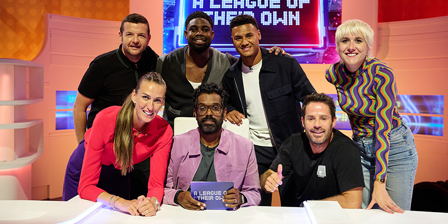 A League Of Their Own. Image shows left to right: Kevin Bridges, Jill Scott, Micah Richards, Romesh Ranganathan, Ollie Watkins, Jamie Redknapp, Maisie Adam