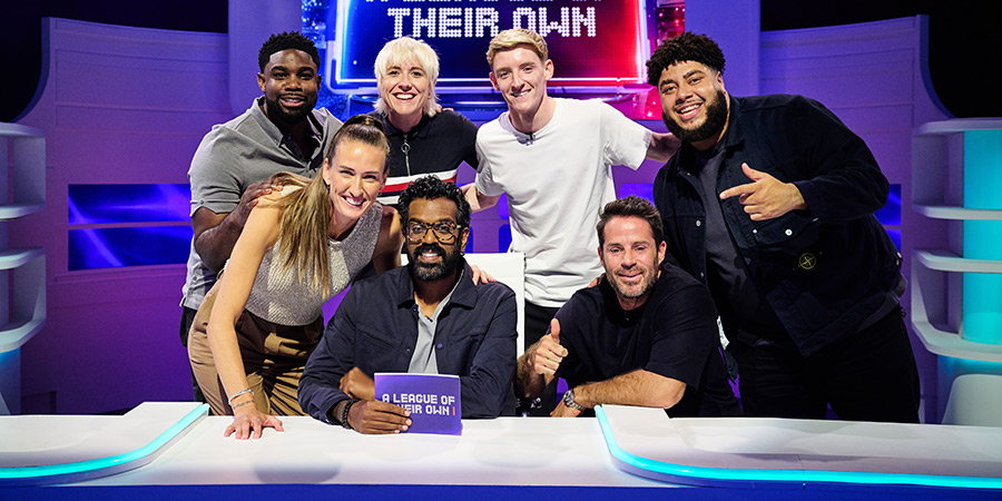 A League Of Their Own. Image shows left to right: Micah Richards, Jill Scott, Maisie Adam, Romesh Ranganathan, Anthony Gordon, Jamie Redknapp, Big Zuu