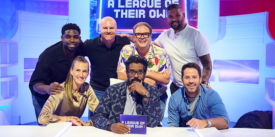 A League Of Their Own. Image shows left to right: Micah Richards, Jill Scott, Sean Dyche, Romesh Ranganathan, Alan Carr, Tony Bellew, Jamie Redknapp