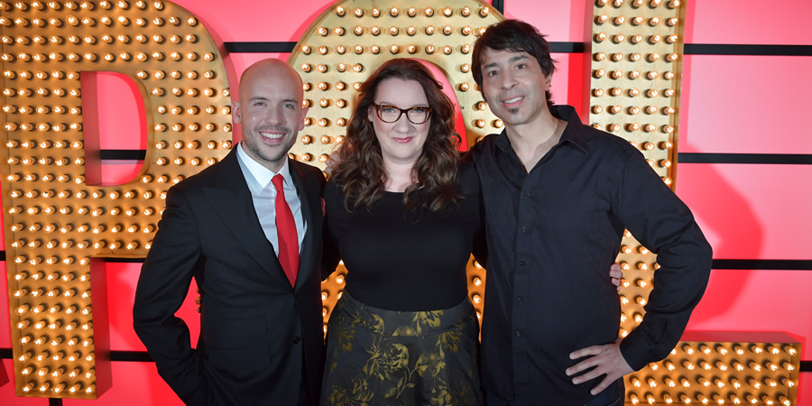 Live At The Apollo. Image shows from L to R: Tom Allen, Sarah Millican, Arj Barker. Copyright: Open Mike Productions