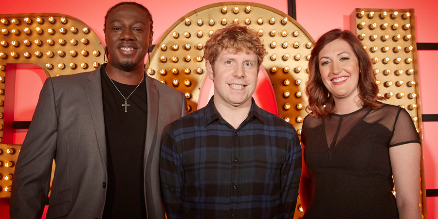 Live At The Apollo. Image shows from L to R: Nathan Caton, Josh Widdicombe, Celia Pacquola. Copyright: Open Mike Productions