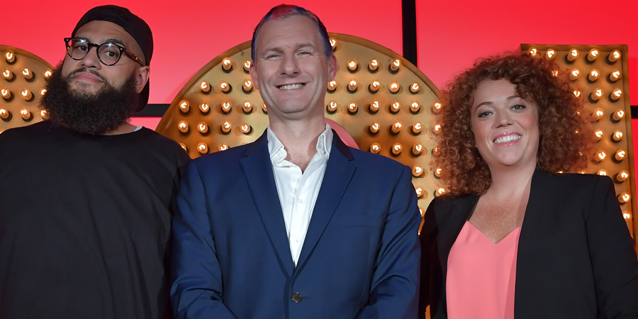 Live At The Apollo. Image shows from L to R: Jamali Maddix, Adam Hills, Michelle Wolf. Copyright: Open Mike Productions