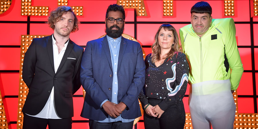 Live At The Apollo. Image shows from L to R: Seann Walsh, Romesh Ranganathan, Kerry Godliman, Spencer Jones. Copyright: Open Mike Productions