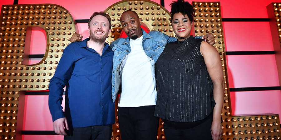 Live At The Apollo. Image shows from L to R: Chris McCausland, Dane Baptiste, Desiree Burch. Copyright: Open Mike Productions