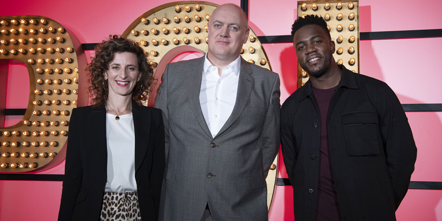 Live At The Apollo. Image shows from L to R: Felicity Ward, Dara O Briain, Mo Gilligan. Copyright: Open Mike Productions