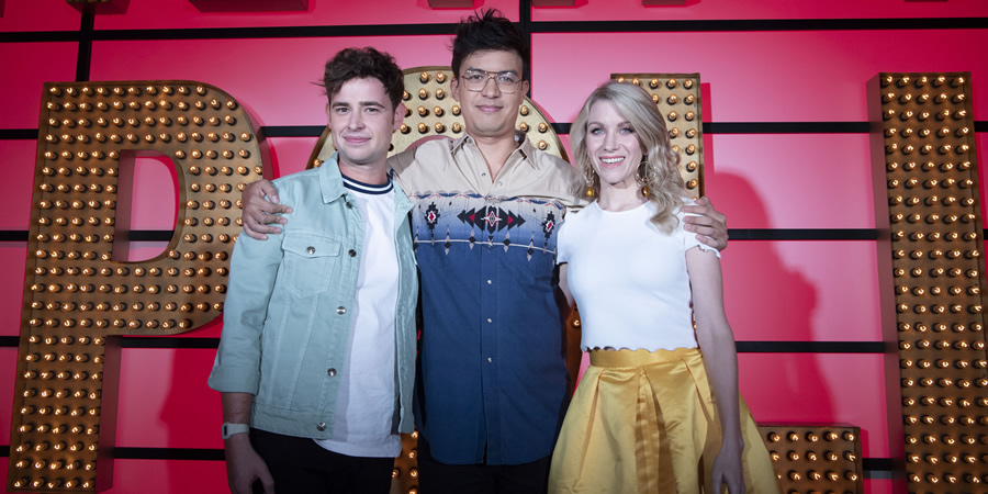 Live At The Apollo. Image shows from L to R: Brennan Reece, Phil Wang, Rachel Parris. Copyright: Open Mike Productions