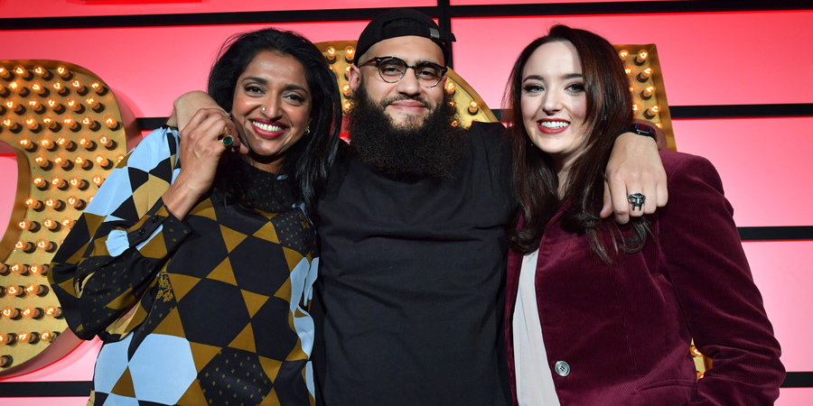 Live At The Apollo. Image shows from L to R: Sindhu Vee, Jamali Maddix, Fern Brady. Copyright: Open Mike Productions