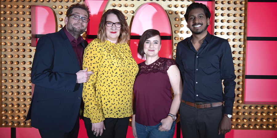 Live At The Apollo. Image shows from L to R: Gary Delaney, Sarah Millican, Laura Lexx, Ahir Shah. Copyright: Open Mike Productions