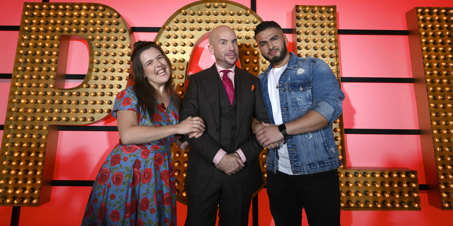 Live At The Apollo. Image shows from L to R: Rosie Jones, Tom Allen, Kae Kurd. Copyright: Open Mike Productions