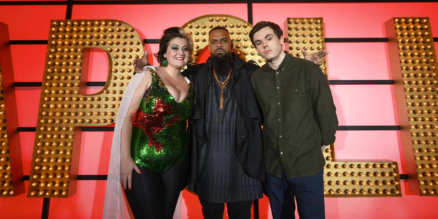 Live At The Apollo. Image shows from L to R: Kiri Pritchard-McLean, Guz Khan, Rhys James. Copyright: Open Mike Productions