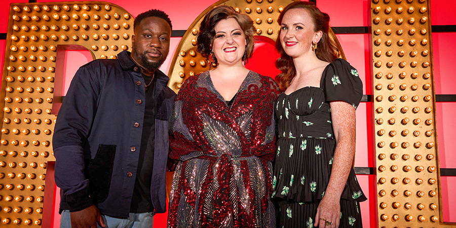 Live At The Apollo. Image shows left to right: Babatunde Aléshé, Kiri Pritchard-McLean, Catherine Bohart