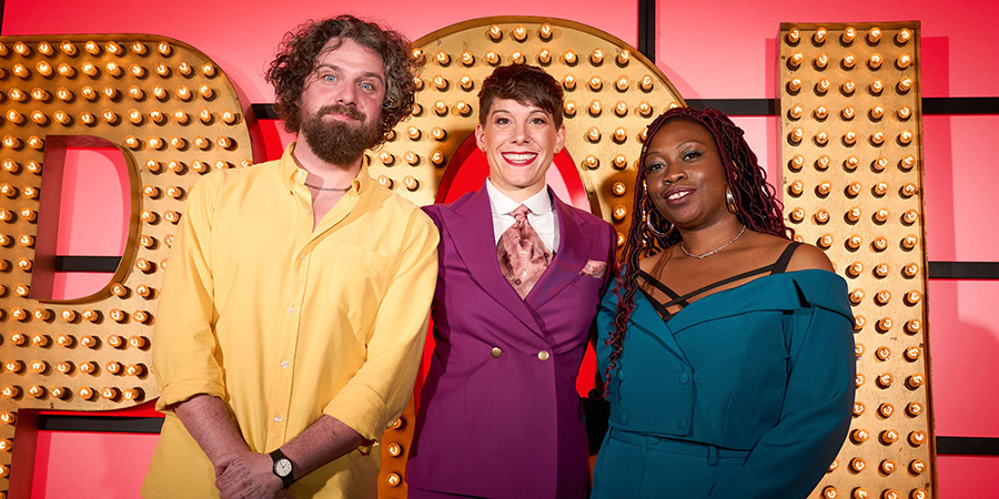 Live At The Apollo. Image shows left to right: Alfie Brown, Suzi Ruffell, Sikisa