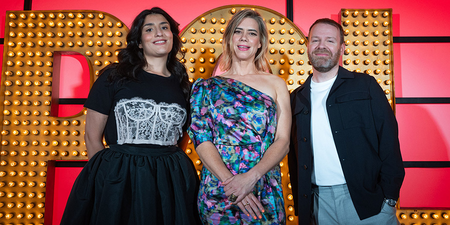 Live At The Apollo. Image shows left to right: Celya AB, Lou Sanders, Neil Delamere. Credit: Open Mike Productions