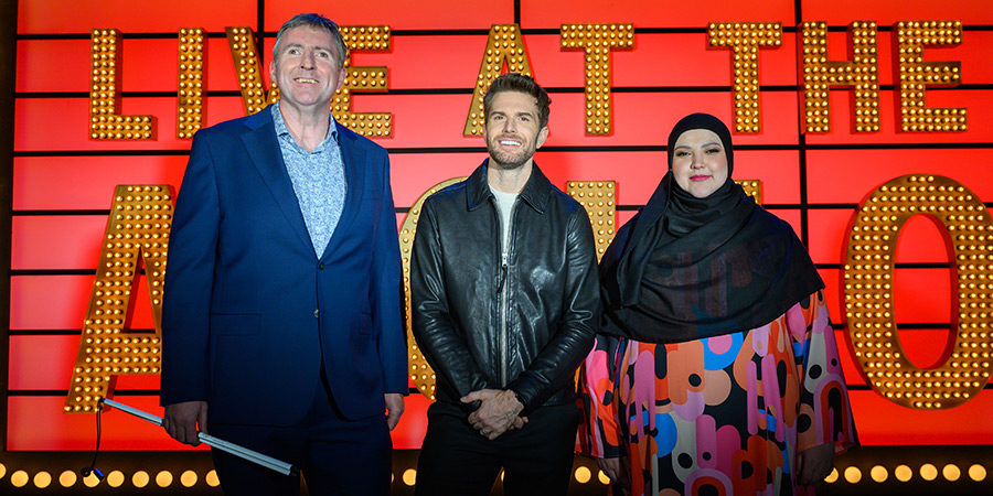 Live At The Apollo. Image shows left to right: Jamie MacDonald, Joel Dommett, Fatiha El-Ghorri