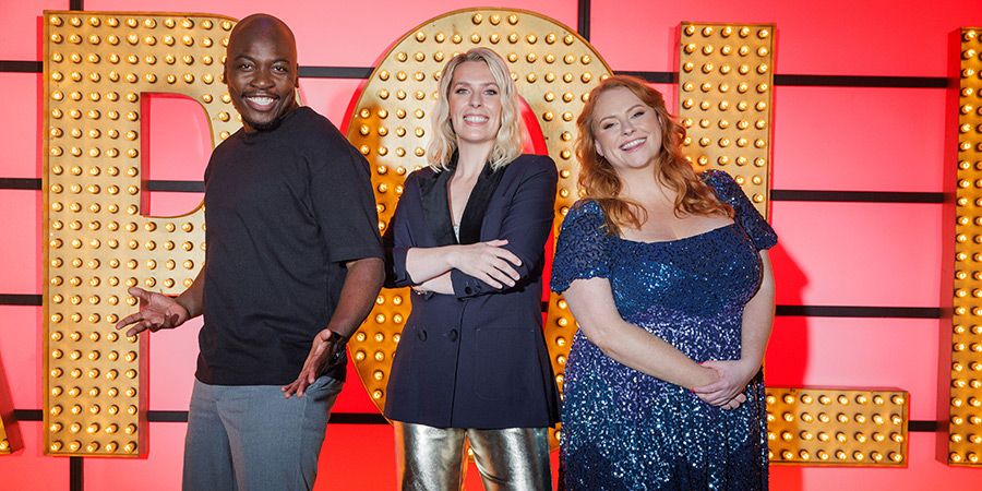 Live At The Apollo. Image shows left to right: Eddie Kadi, Sara Pascoe, Amy Gledhill