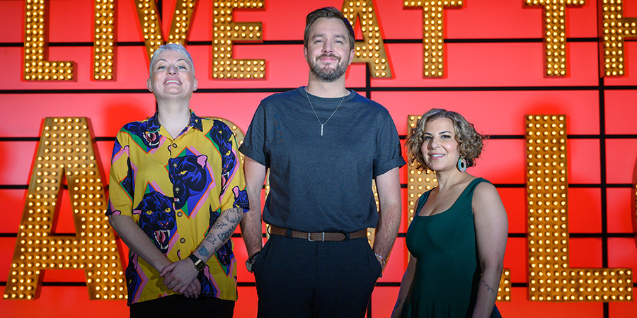 Live At The Apollo. Image shows left to right: Harriet Dyer, Iain Stirling, Maria Shehata