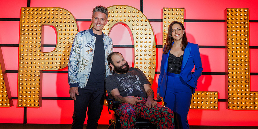 Live At The Apollo. Image shows left to right: Stuart Goldsmith, Tim Renkow, Janine Harouni