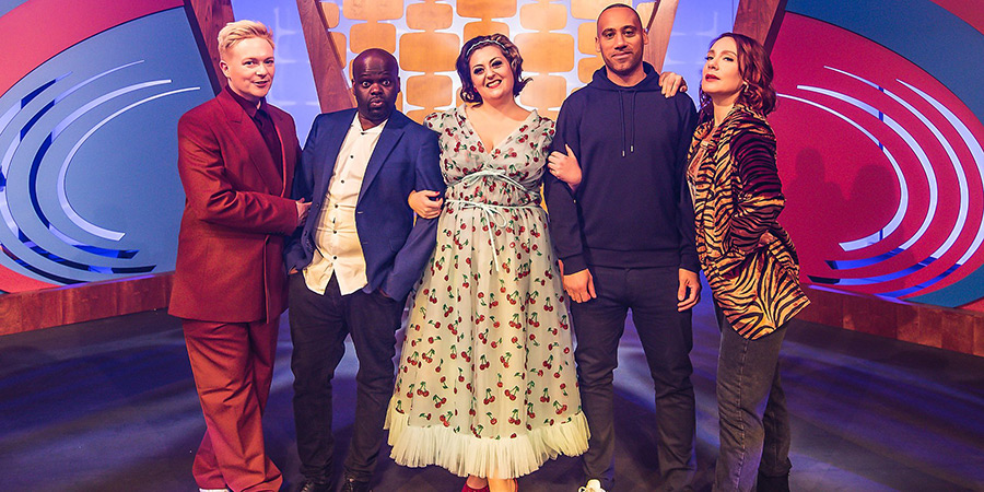 Live From Barry Island. Image shows left to right: Stephen Bailey, Daliso Chaponda, Kiri Pritchard-McLean, Leroy Brito, Sara Barron