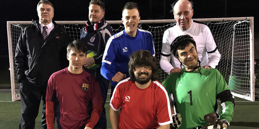 Lookalikes. Image shows from L to R: Sam Allardyce (Steve Wallbank), Lionel Messi (Ross Sampson), David Beckham (Andy Harmer), Jamie Vardy (Lee Chapman), George Best (Mark O'Hare), Mr Bean (Anton Georgiev), Sir Bobby Charlton (Donald). Copyright: Knickerbockerglory Lookalikes. Image shows from L to R: Sam Allardyce (Steve Wallbank), Lionel Messi (Ross Sampson), David Beckham (Andy Harmer), Jamie Vardy (Lee Chapman), George Best (Mark O'Hare), Mr Bean (Anton Georgiev), Sir Bobby Charlton (Donald). Copyright: Knickerbockerglory
