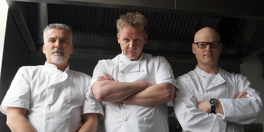 Lookalikes. Image shows from L to R: Paul Hollywood (Matthew Read), Gordon Ramsay (Martin Jordan), Heston Blumenthal (Stewart Pemberton). Copyright: Knickerbockerglory