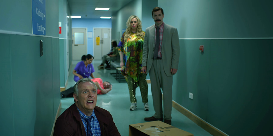 Man Down. Image shows from L to R: Dan (Greg Davies), Jo (Roisin Conaty), Brian (Mike Wozniak). Copyright: Avalon Television