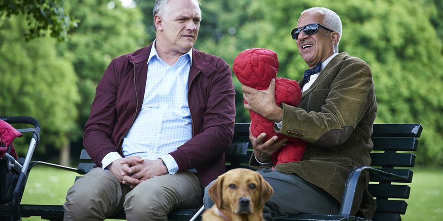 Man Down. Image shows from L to R: Dan (Greg Davies), Blind Jim (Derek Griffiths). Copyright: Avalon Television