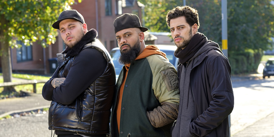 Man Like Mobeen. Image shows from L to R: Azaar (Janum Khan), Mobeen (Guz Khan), Cal (David Avery)