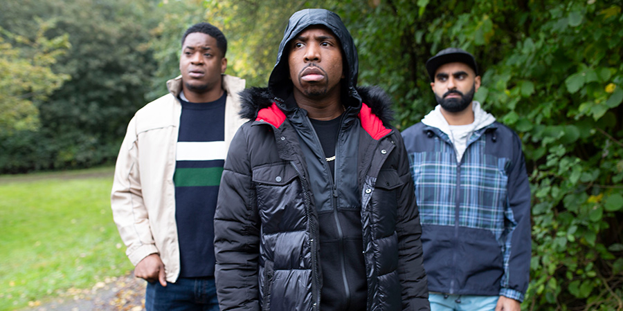 Man Like Mobeen. Image shows from L to R: Nate (Tolulope Ogunmefun), Jovell Maynard (Kiell Smith-Bynoe), Eight (Tez Ilyas)