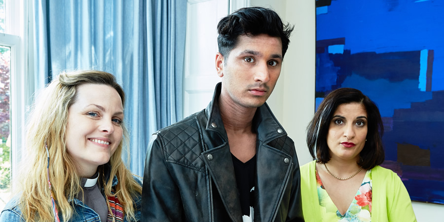 Marley's Ghosts. Image shows from L to R: Vicar (Jo Joyner), Gary Jarvis (Harman Singh), Tina Jarvis (Mina Anwar)